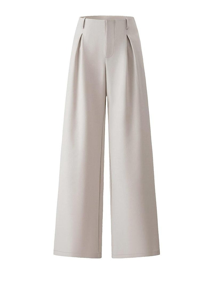 Elegant women's high-waist wide-leg trousers in a flowing wool blend, perfect for office or sophisticated events.