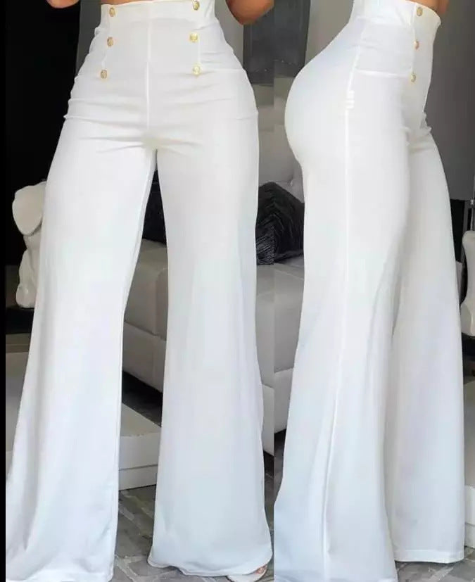 Elegant women's high waist wide leg trousers with stylish side buttons, perfect for formal or casual fashion.