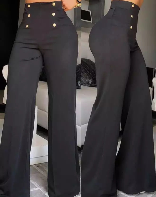 Comfortable high waist wide leg women's trousers featuring decorative side buttons, ideal for office or casual wear.
