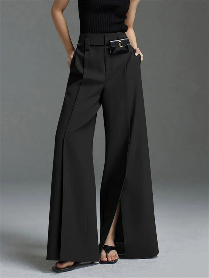 White high-waist wide-leg dress pants for women, featuring a stylish split hem, ideal for versatile elegant outfits.