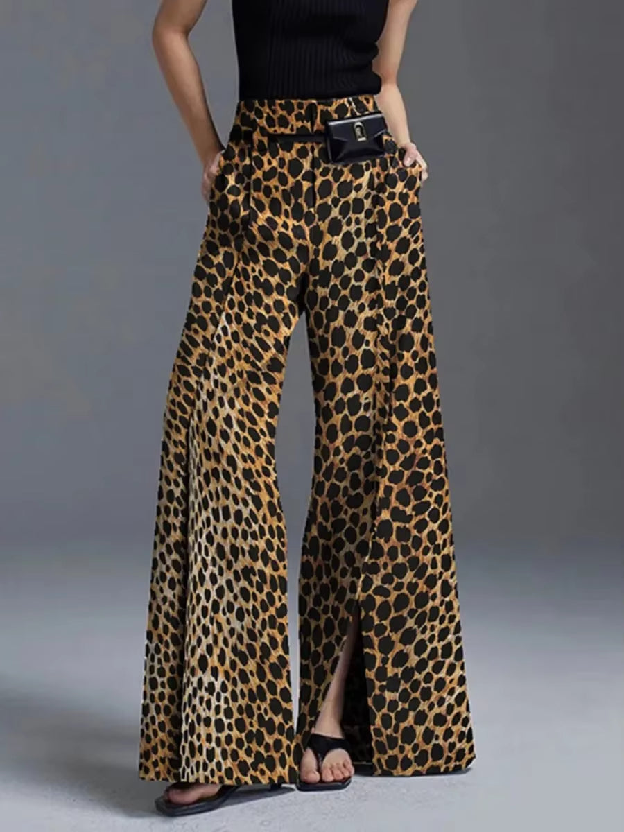 Stylish leopard print high-waist wide-leg pants for women, perfect as dress pants or bold office wear.