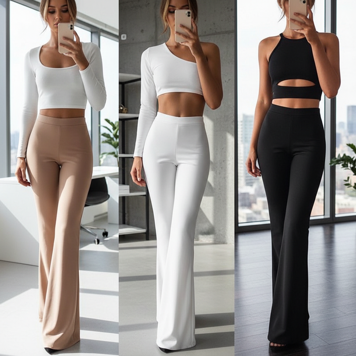 Elegant women's high-waisted flared leg trousers in black, perfect for chic versatile fashion