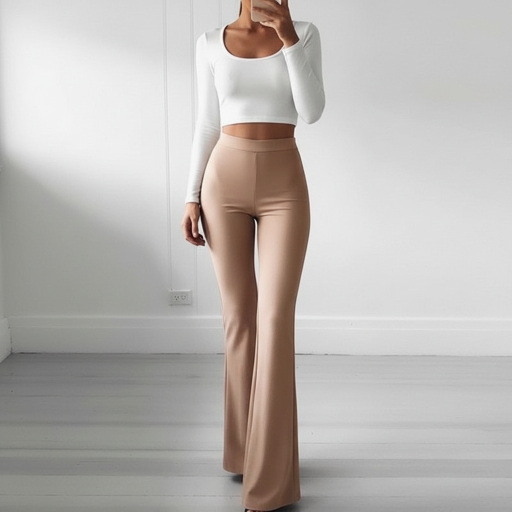 Fashionable women's flared trousers with a high waist, suitable for versatile apparel