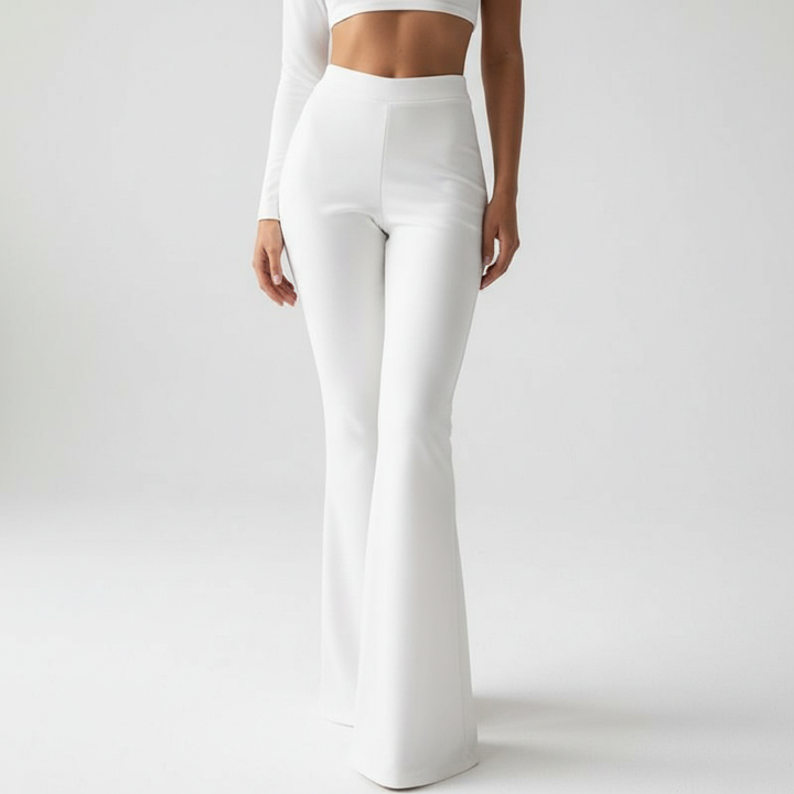 Close-up of elegant women's high-waisted flared trousers fabric, highlighting quality