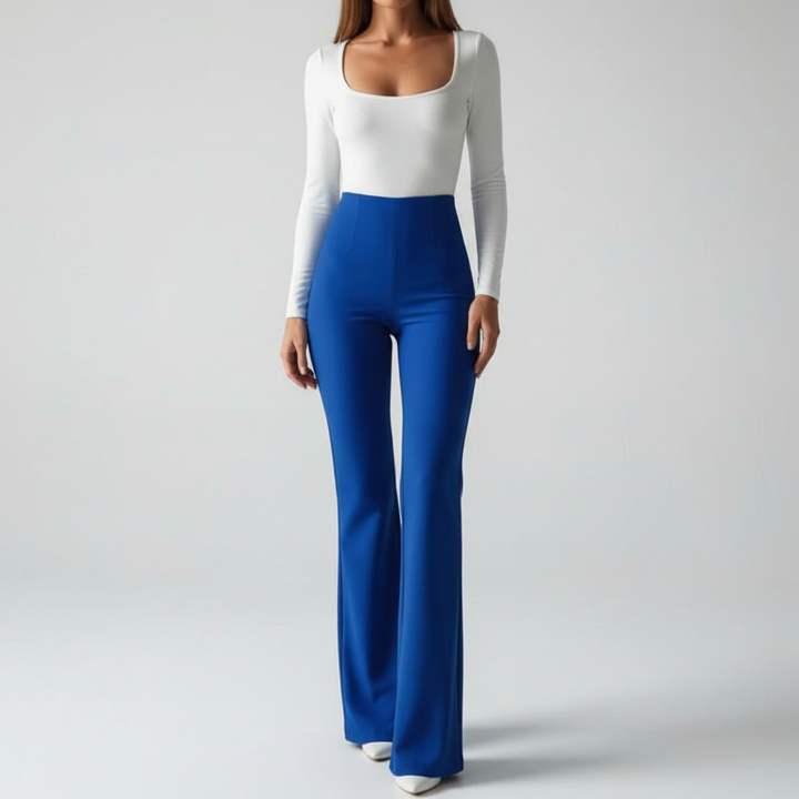 Model wearing comfortable high-waisted flared leg pants, showcasing their versatile fit
