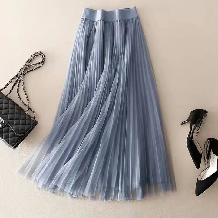 Women's elegant high-waisted midi skirt with crisp pleats and an A-line cut. Sophisticated and stylish.