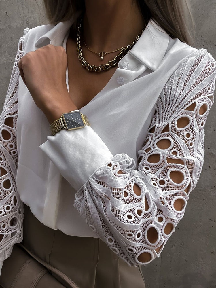 Comfortable women's long sleeve hollow out blouse, elegant and chic top for stylish casual fashion.