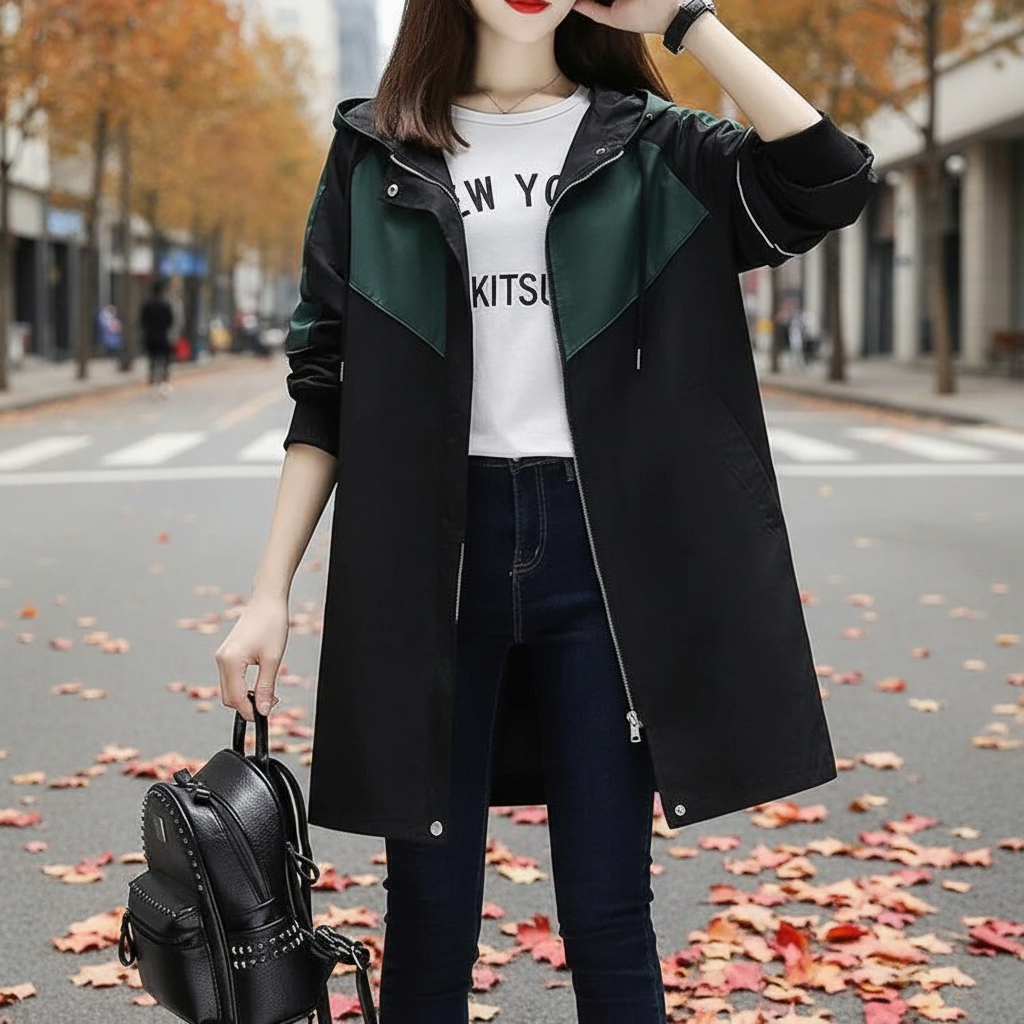 Elegant women's hooded mid-length trench coat in a classic style, perfect for spring outerwear