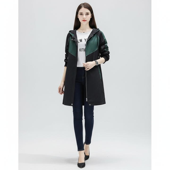 Women's Elisa mid-length trench coat with hood, practical and stylish in a cotton blend fabric