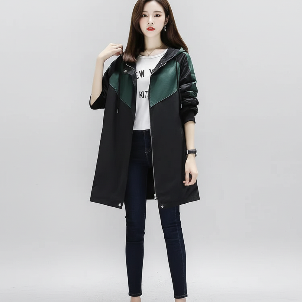 Stylish women's mid-length hooded trench coat, combining elegance with everyday practicality