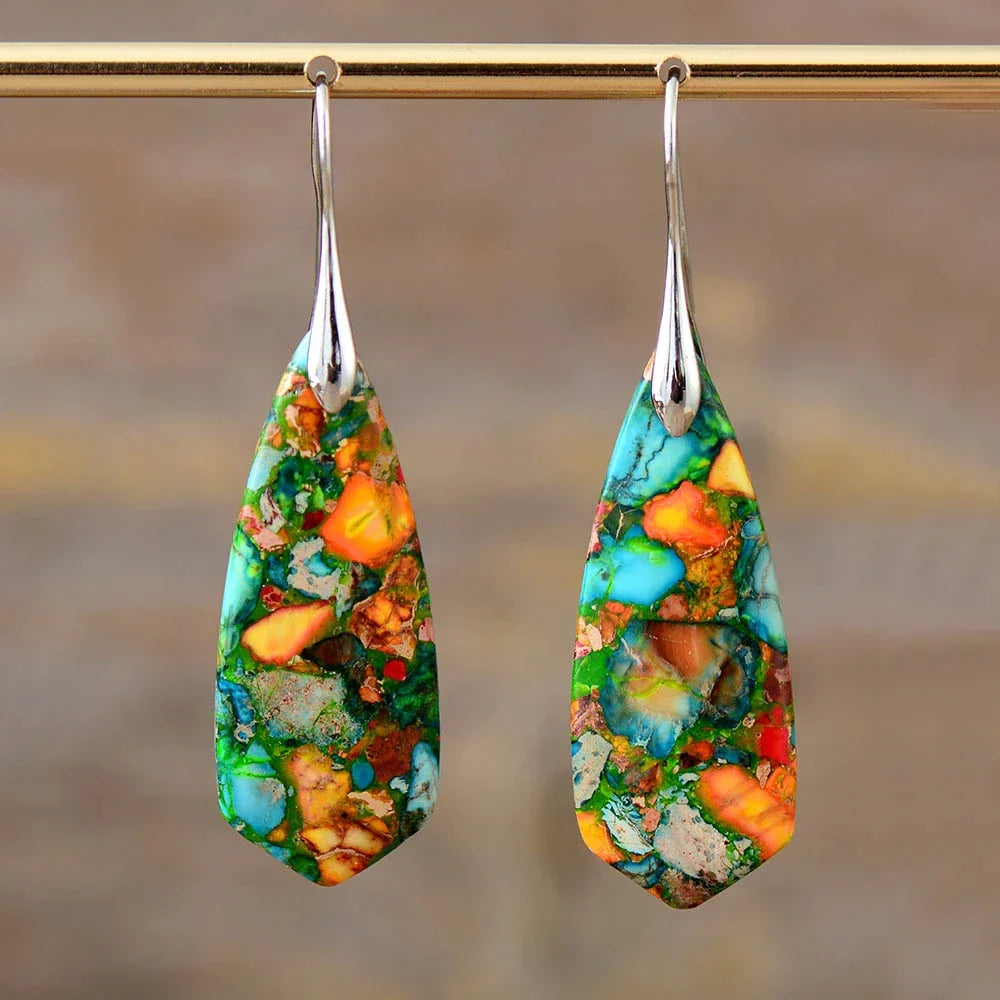 Elegant women's Imperial Jasper drop earrings, unique colorful gemstone jewelry with sterling silver hooks.