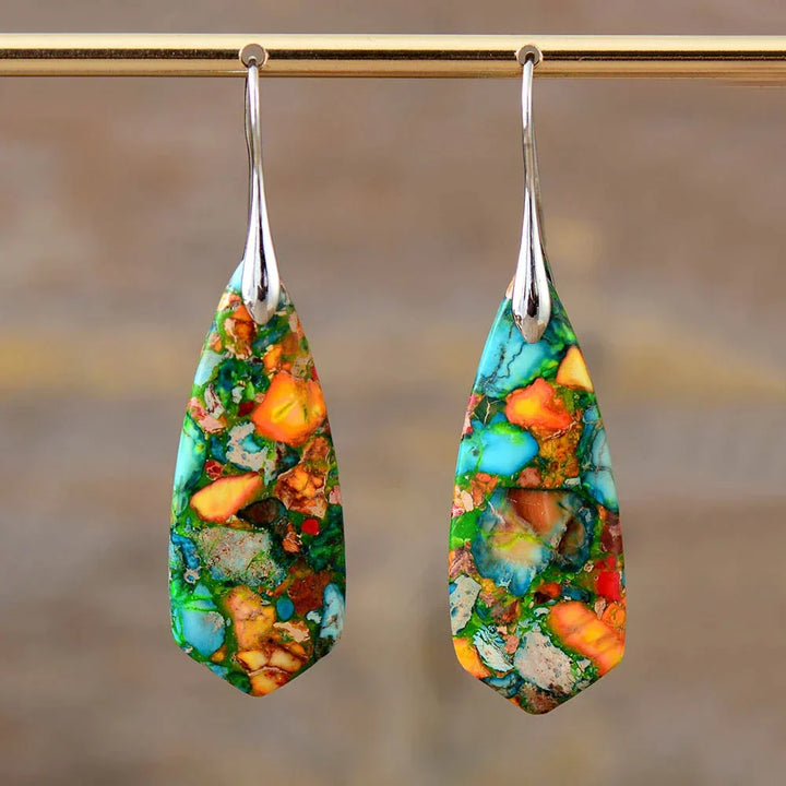 Elegant women's Imperial Jasper drop earrings, unique colorful gemstone jewelry with sterling silver hooks.