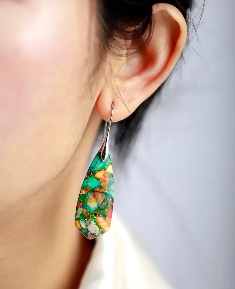 Vibrant Imperial Jasper gemstone drop earrings for women, unique and colorful fashion accessory.