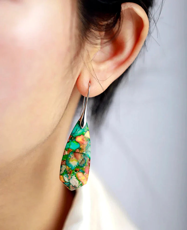 Vibrant Imperial Jasper gemstone drop earrings for women, unique and colorful fashion accessory.