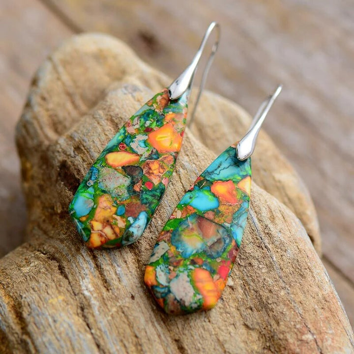Unique Imperial Jasper hook earrings, handcrafted gemstone jewelry with vibrant colors for women.