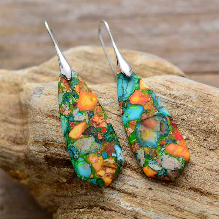 Elegant women's Imperial Jasper gemstone drop earrings, a colorful and stylish jewelry piece.
