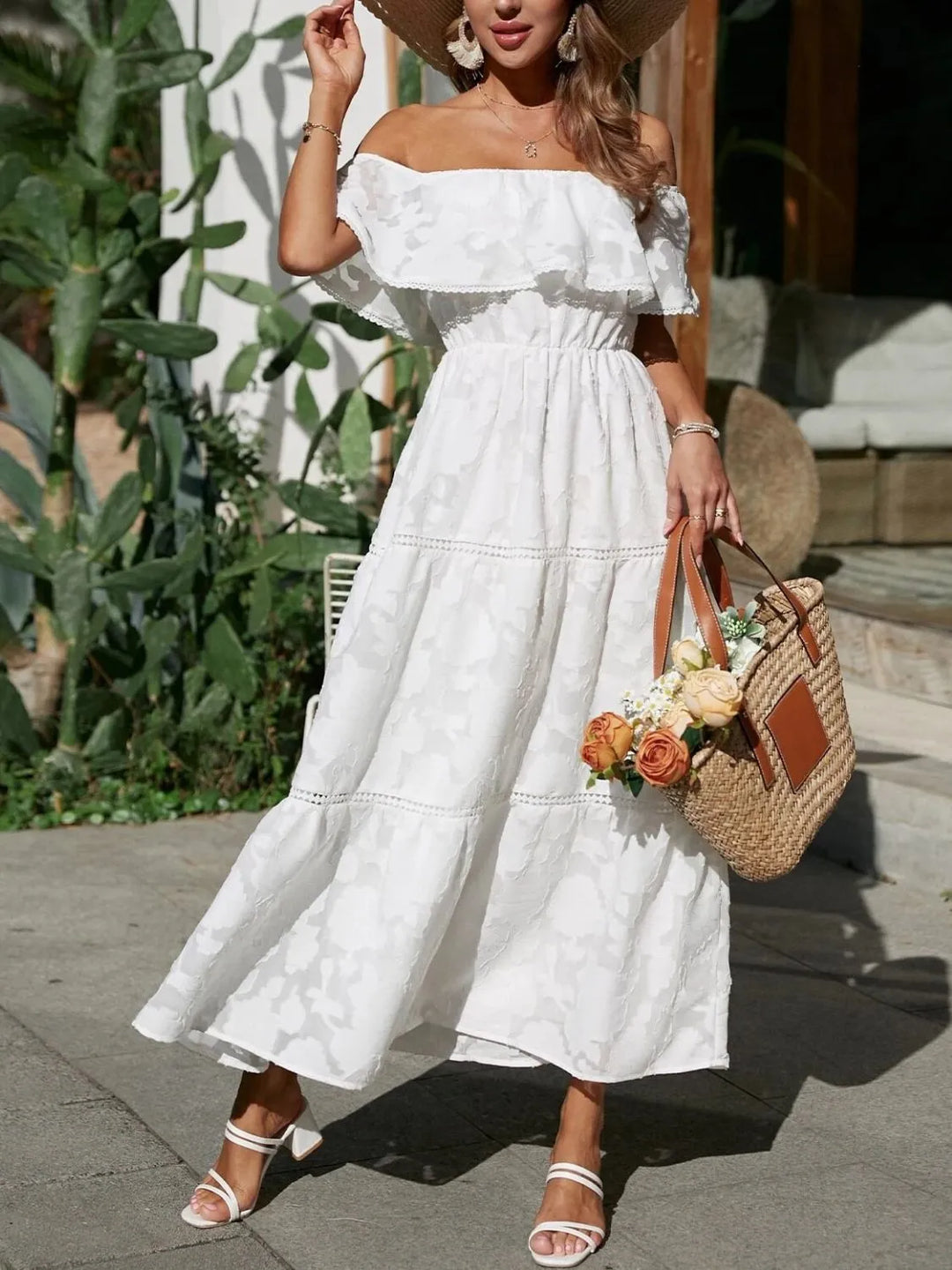 Elegant women's jacquard off-shoulder ruffle tiered maxi dress for wedding guests & garden parties.