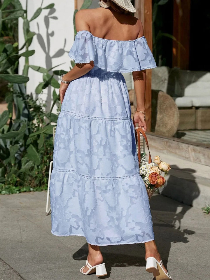 Women's formal off-shoulder tiered maxi dress in jacquard, with graceful ruffles, perfect for special occasions.