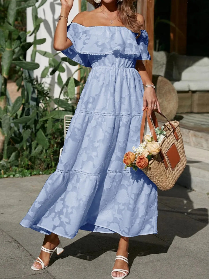 Summer-ready women's off-shoulder jacquard maxi dress, tiered ruffles and elegant lace, a flowy design.