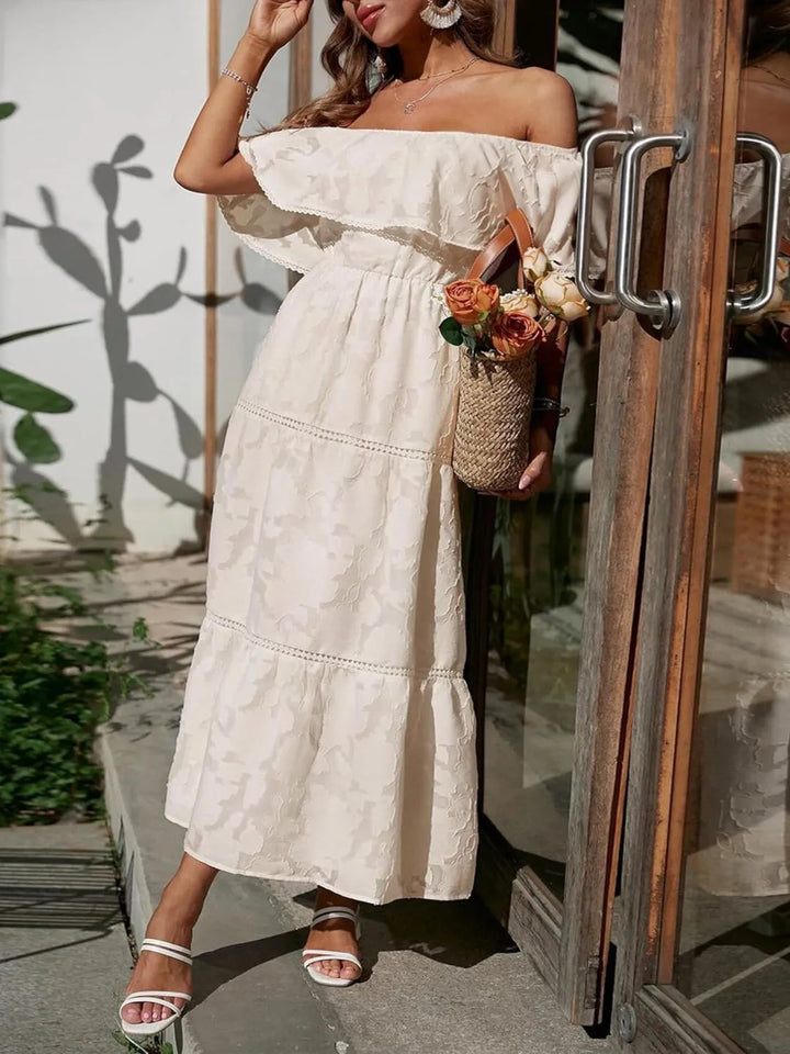 Wedding guest attire: women's off-shoulder ruffle tiered maxi dress in elegant jacquard with lace trim.