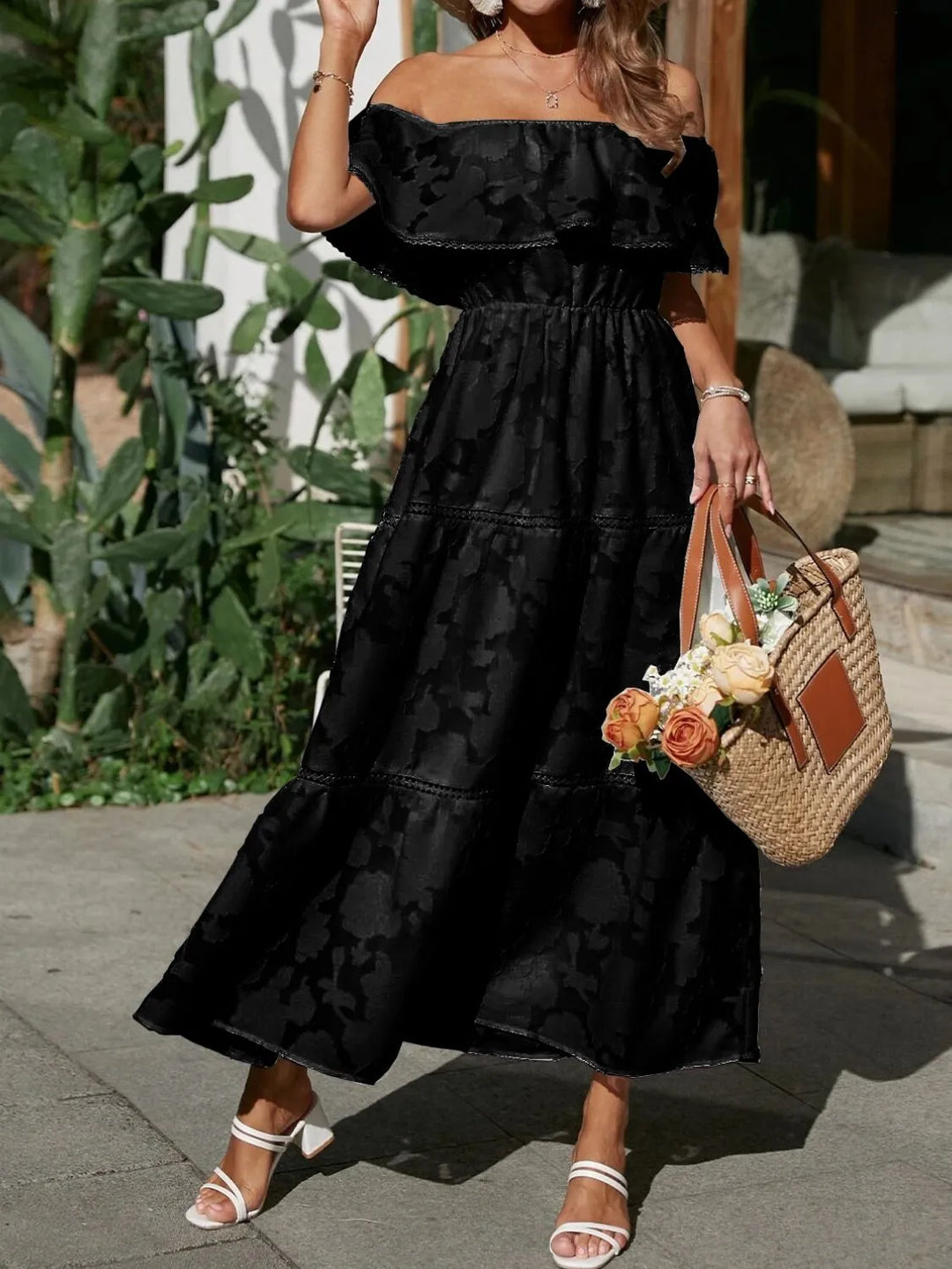 Vibrant women's off-shoulder jacquard maxi dress, tiered ruffles and lace accentuating a flowy silhouette.