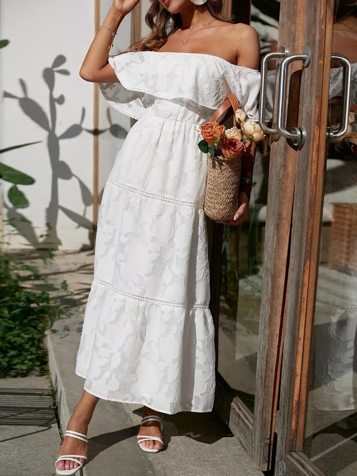 Chic off-shoulder maxi dress for women, featuring jacquard pattern, tiered ruffles, and delicate lace.