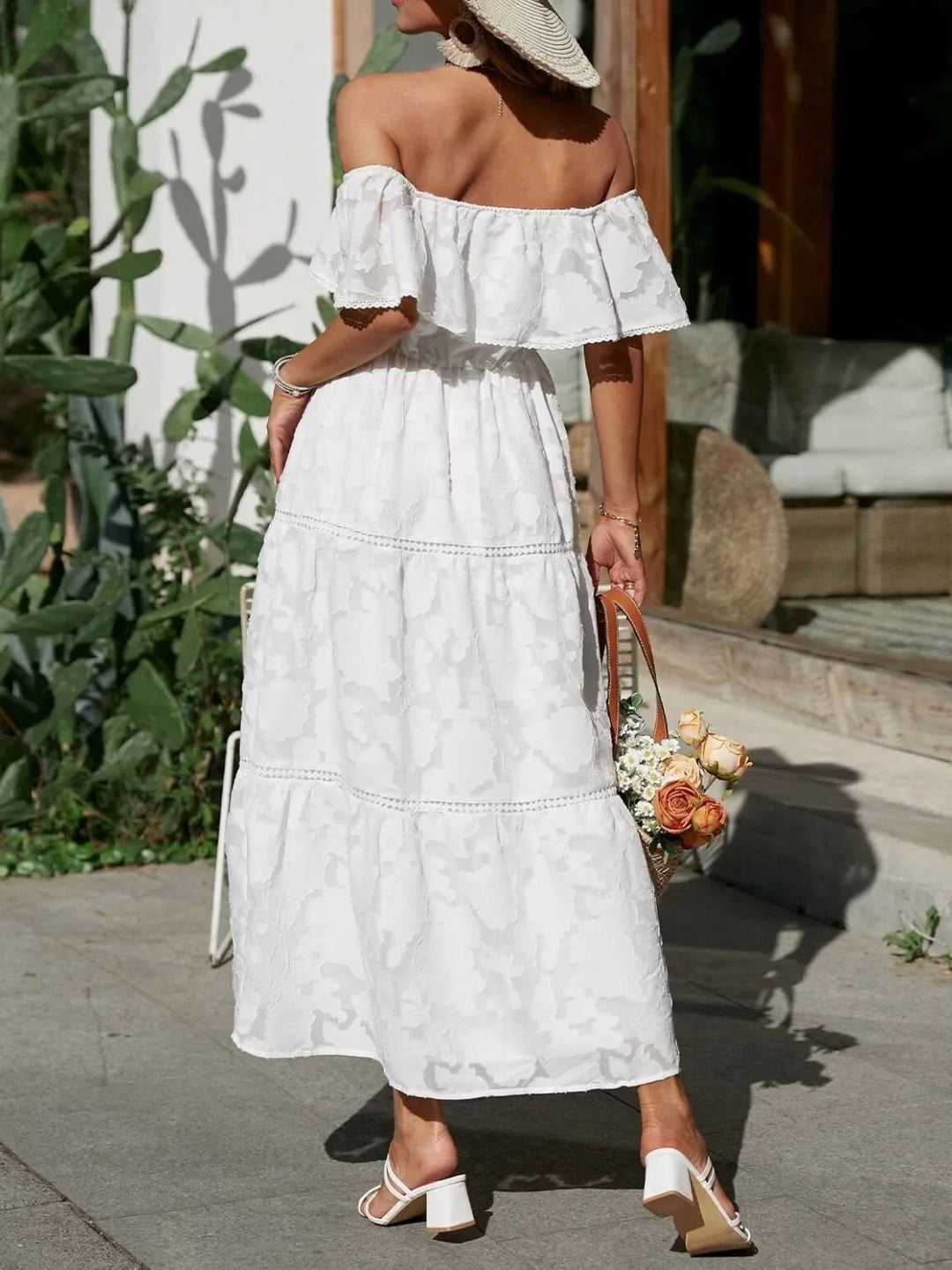 Women's elegant jacquard maxi dress with off-shoulder neckline, ruffled tiers, perfect for formal events.