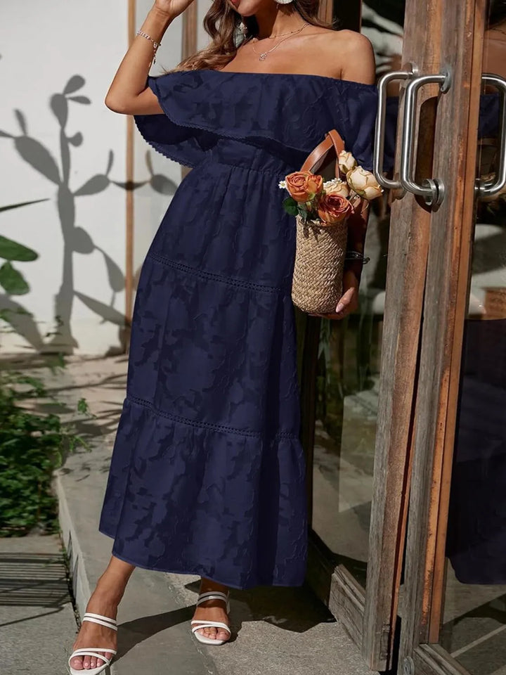 Stunning jacquard off-shoulder ruffle tiered maxi dress for women, ideal for weddings or summer parties.
