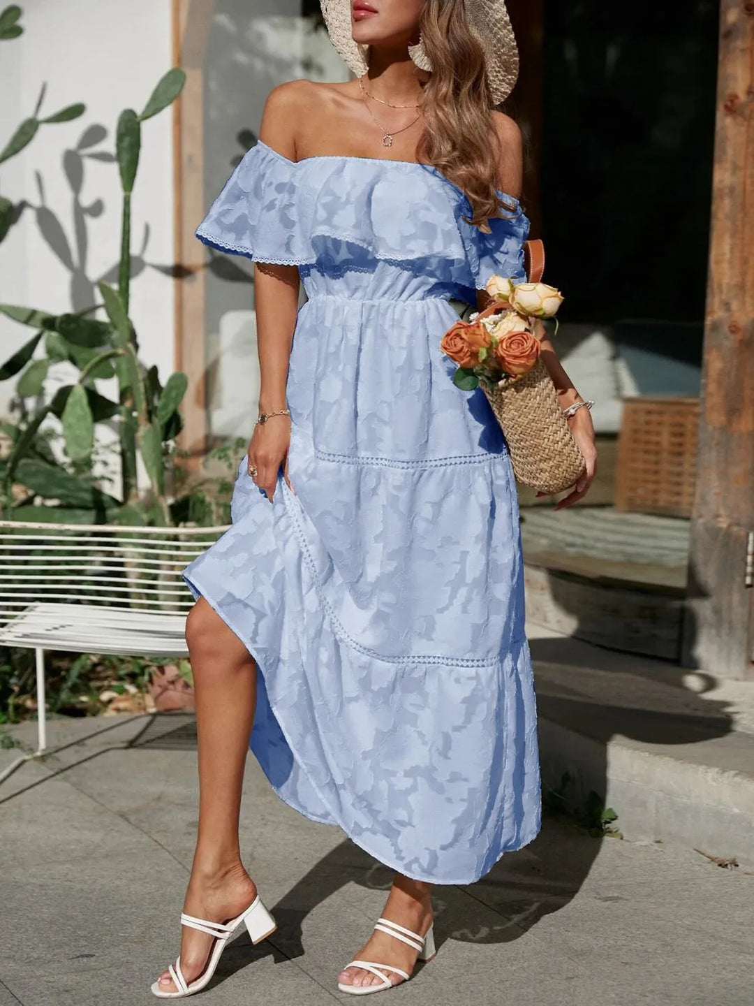 Beautiful women's jacquard off-shoulder maxi dress, featuring elegant ruffles, tiered skirt & lace trim.