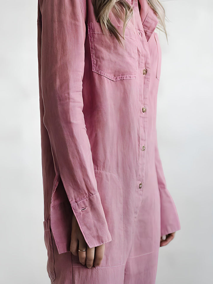 Stylish women's solid color jumpsuit, featuring a unique reversible collar and comfortable long sleeves.