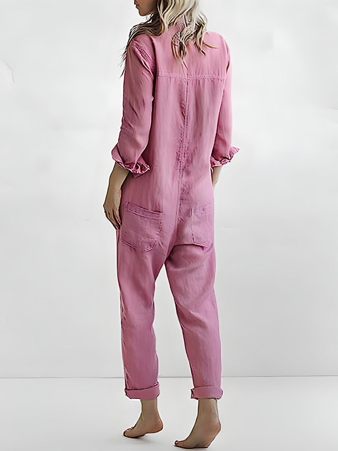 Casual chic women's jumpsuit. Elegant long sleeve one-piece with a versatile reversible collar for any occasion.