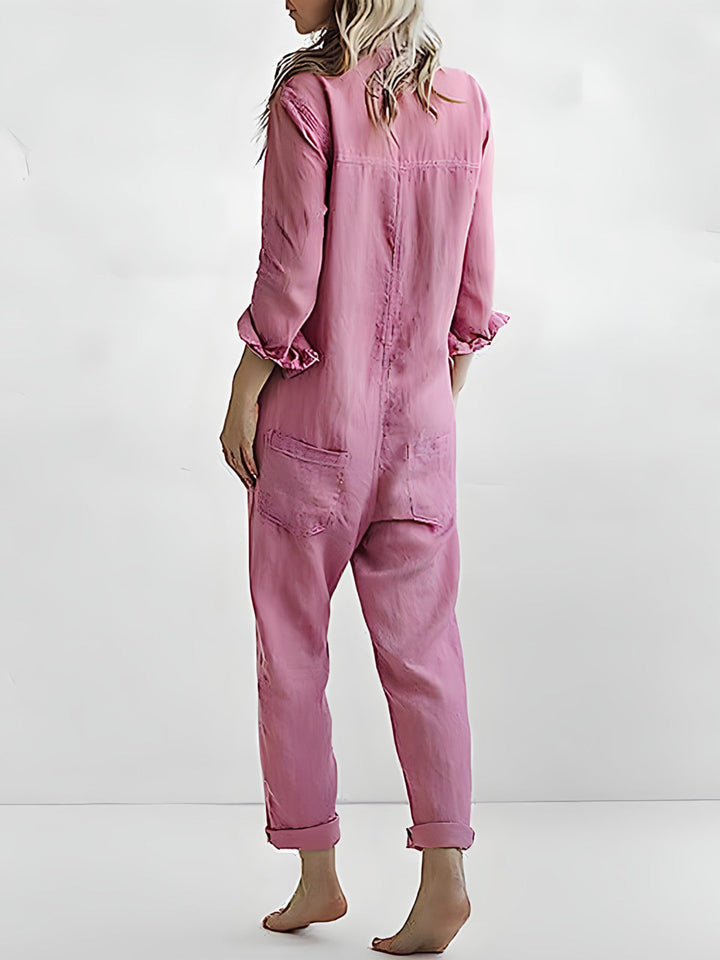 Casual chic women's jumpsuit. Elegant long sleeve one-piece with a versatile reversible collar for any occasion.