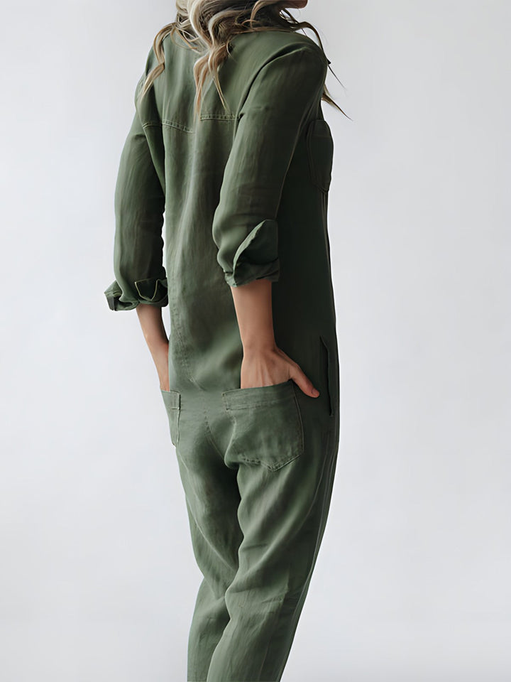 Women's elegant long sleeve jumpsuit, a stylish one-piece with a reversible collar for adaptable fashion.