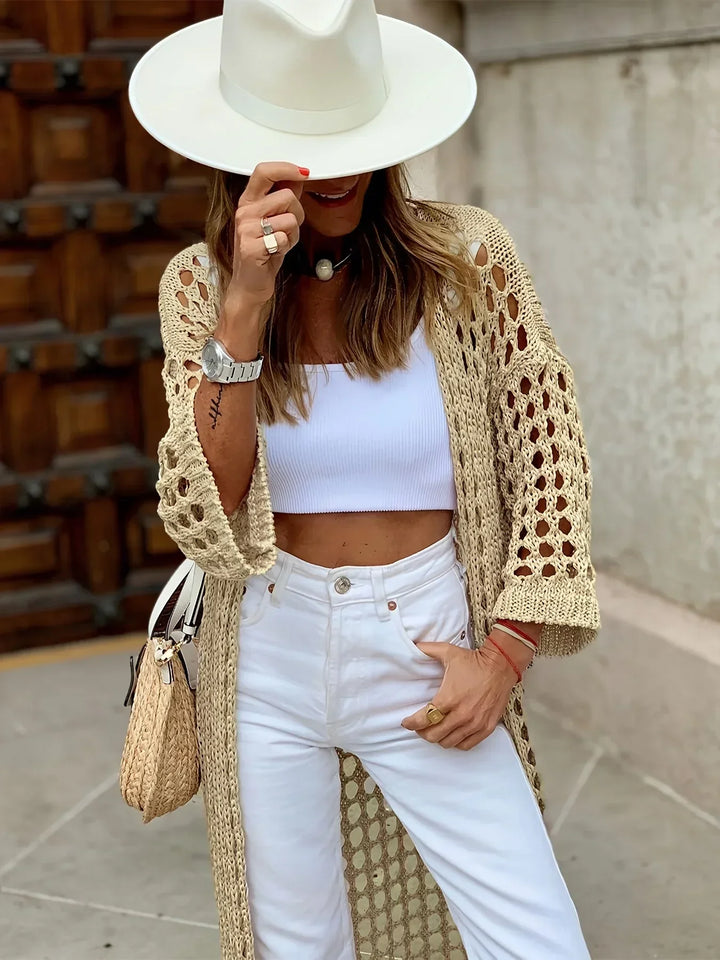 Comfortable women's open-front crochet knit cardigan in khaki, perfect lightweight layer for casual wear.