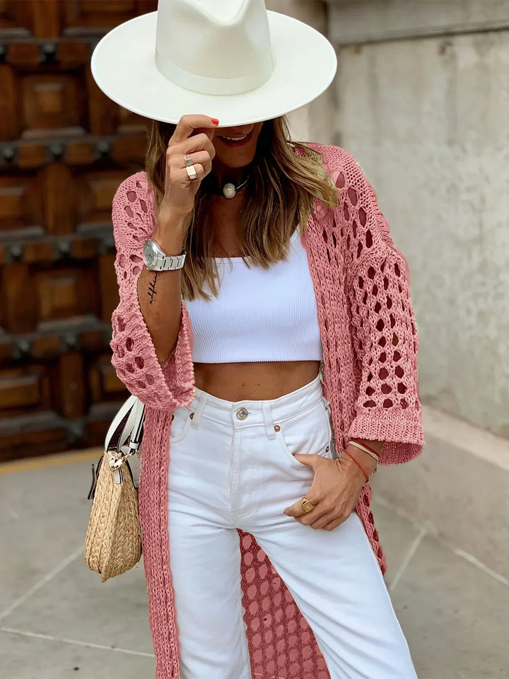 Stylish women's khaki crochet cardigan for spring/fall, elegant and versatile open-front lightweight sweater.