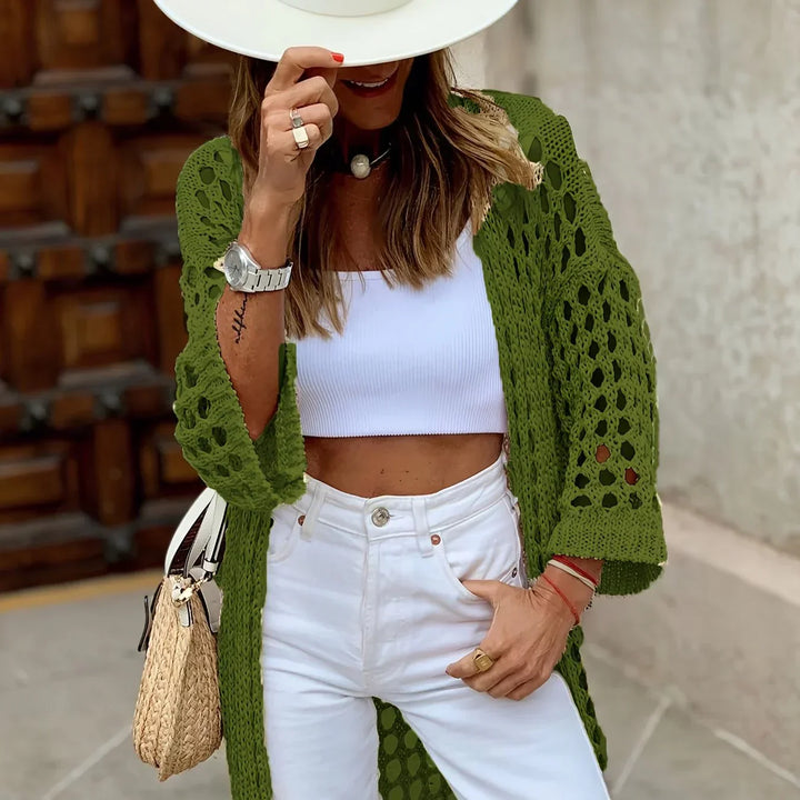 Khaki crochet knit women's cardigan with open front, a chic & comfortable versatile layer for any season.