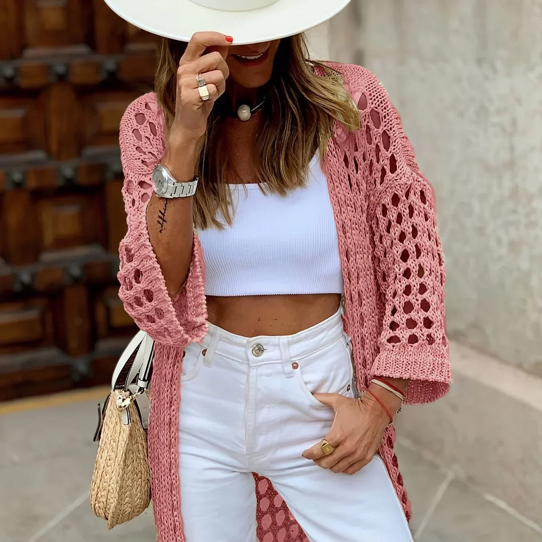 Lightweight women's khaki crochet cardigan, an elegant and comfortable open-front layer for versatile fashion.