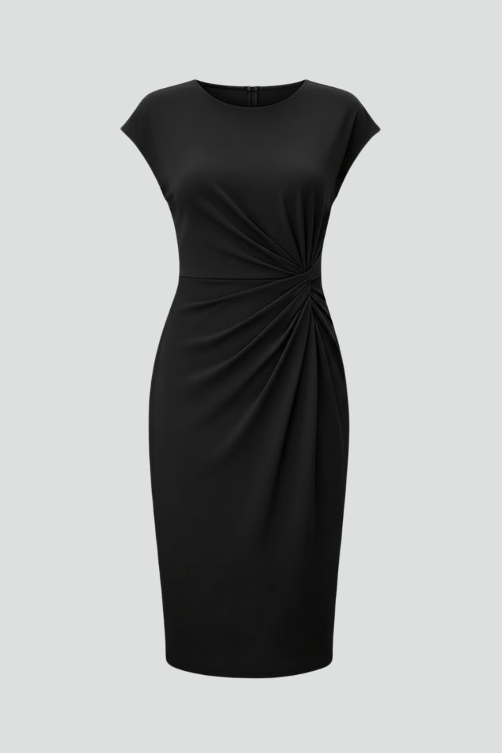 Elegant women's knee-length dress with ruched waist, cap sleeves, and round neck. Perfect for work or casual wear.