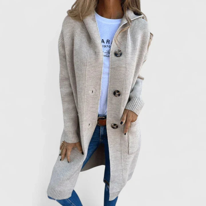 Elegant women's knit cardigan with pockets, perfect for spring layering and versatile outfits.