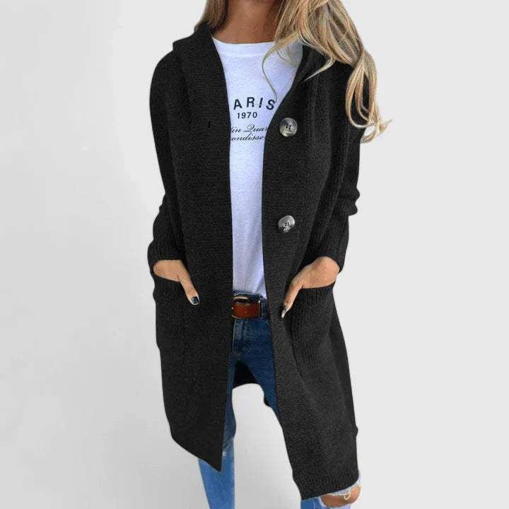 Versatile women's button-up knit cardigan, an elegant jacket with pockets for any casual or dressy look.
