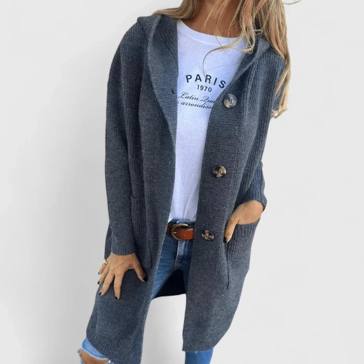 Women's elegant knit cardigan jacket with long sleeves and useful pockets, a cozy & versatile spring essential.