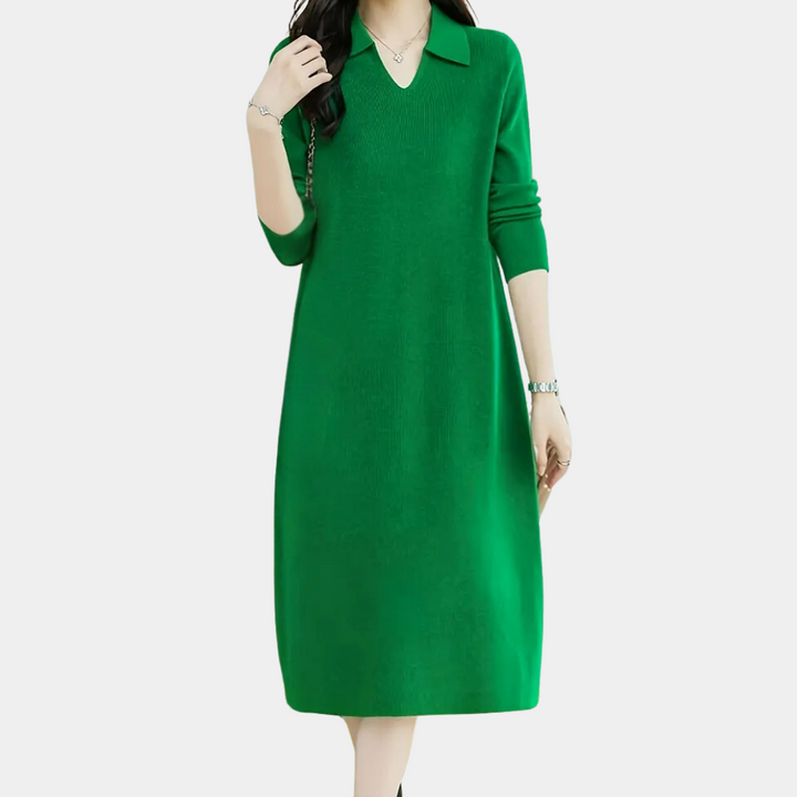 Versatile knit midi dress for women. Stylish, comfortable everyday wear. Flattering fit, ideal for fall/winter fashion.