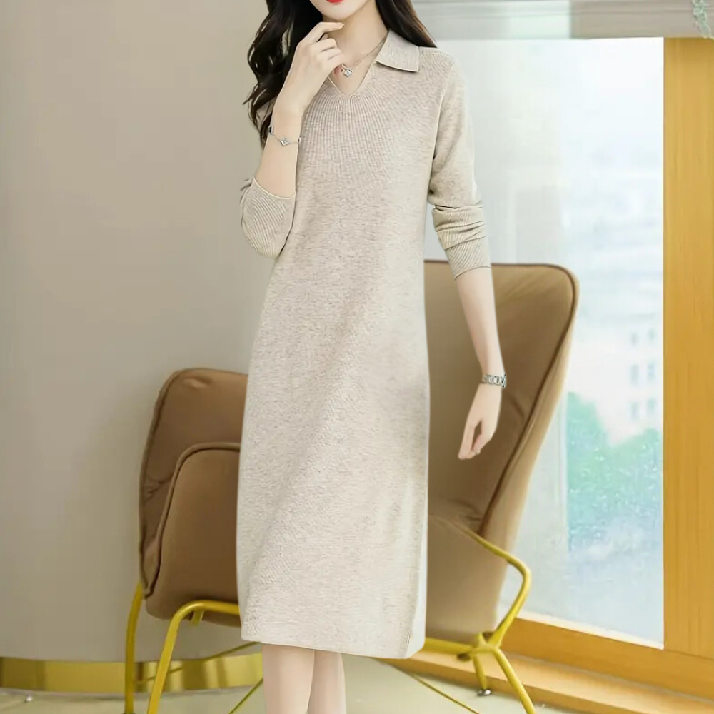 Comfortable women's knit midi dress. Elegant everyday wear, perfect for fall & winter. Flattering fit, versatile style.