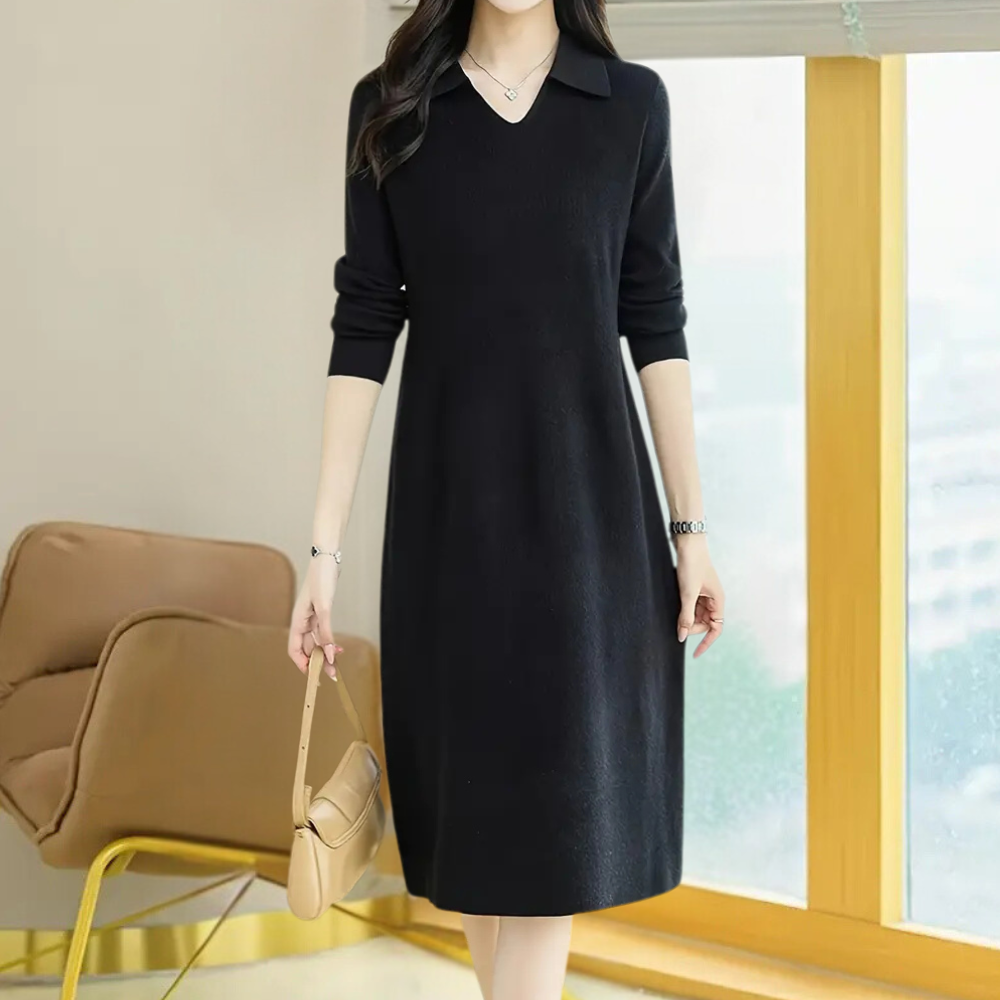 Women's elegant knit midi dress, ideal for fall & winter. One size, comfortable, and flattering for versatile chic looks.