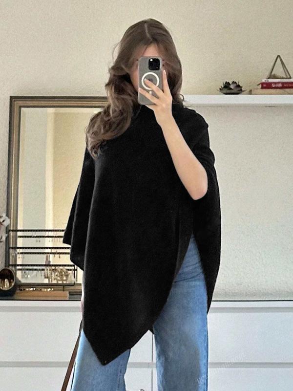 Elegant women's knit poncho top, wool blend, perfect layering for fall fashion. Cozy drape & stylish.