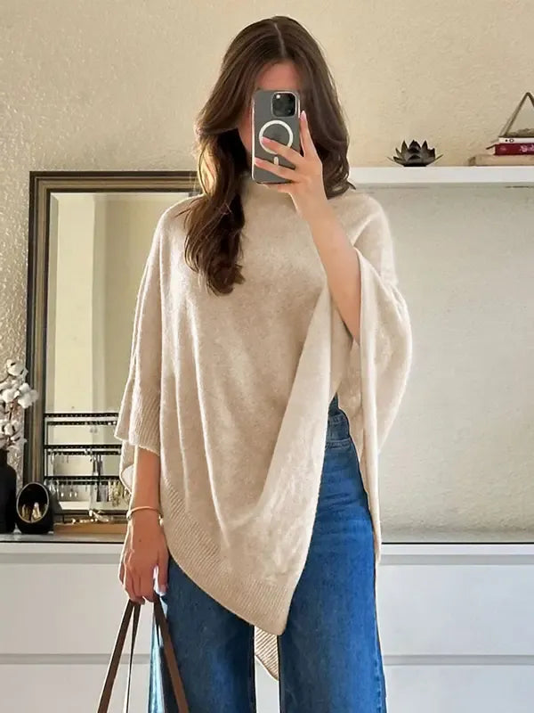 Casual elegant women's knit poncho, cozy drape, ideal fall fashion & winter accessory. Stylish layering top.