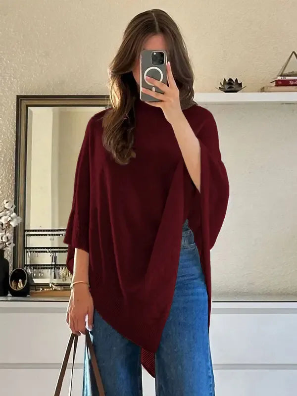 Women's wool blend knit poncho top with elegant drape. Versatile layering for fall & winter fashion. Cozy.