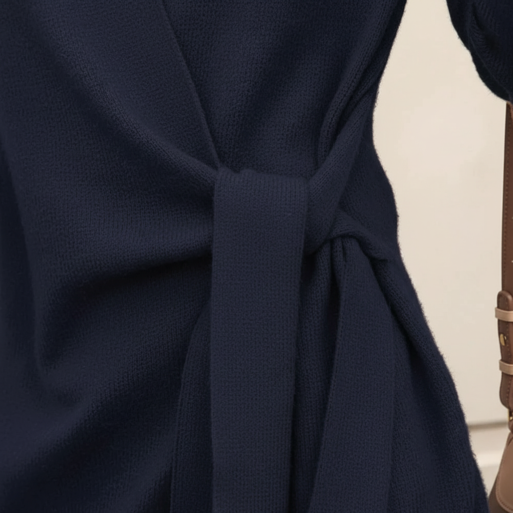 Close-up of elegant knit cardigan in neutral tone, showing texture and belt detail. Versatile top.