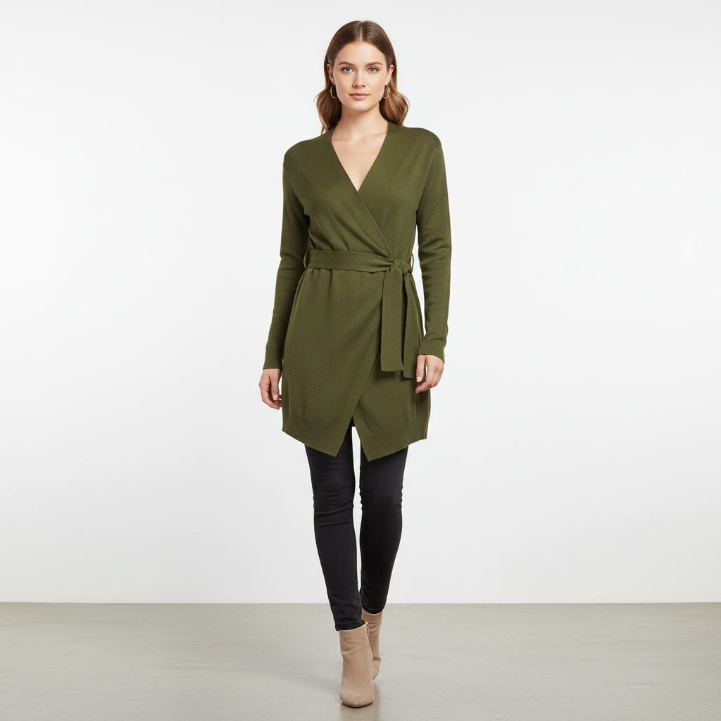 Women's long-sleeve knit cardigan with tie belt, a must-have for comfort casual & chic style.