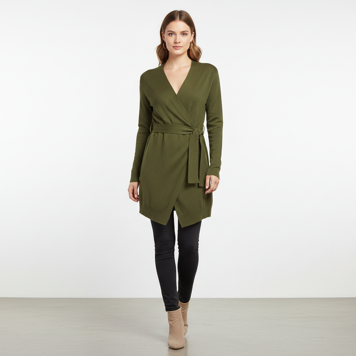 Women's long-sleeve knit cardigan with tie belt, a must-have for comfort casual & chic style.